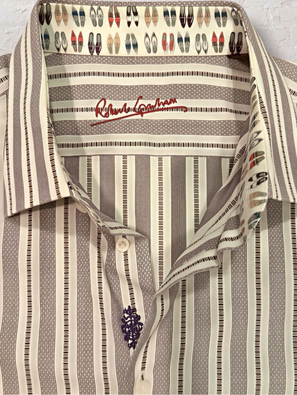 Robert Graham Men’s XL Striped Flip Cuff Shirt Shoe Print 100% Cotton